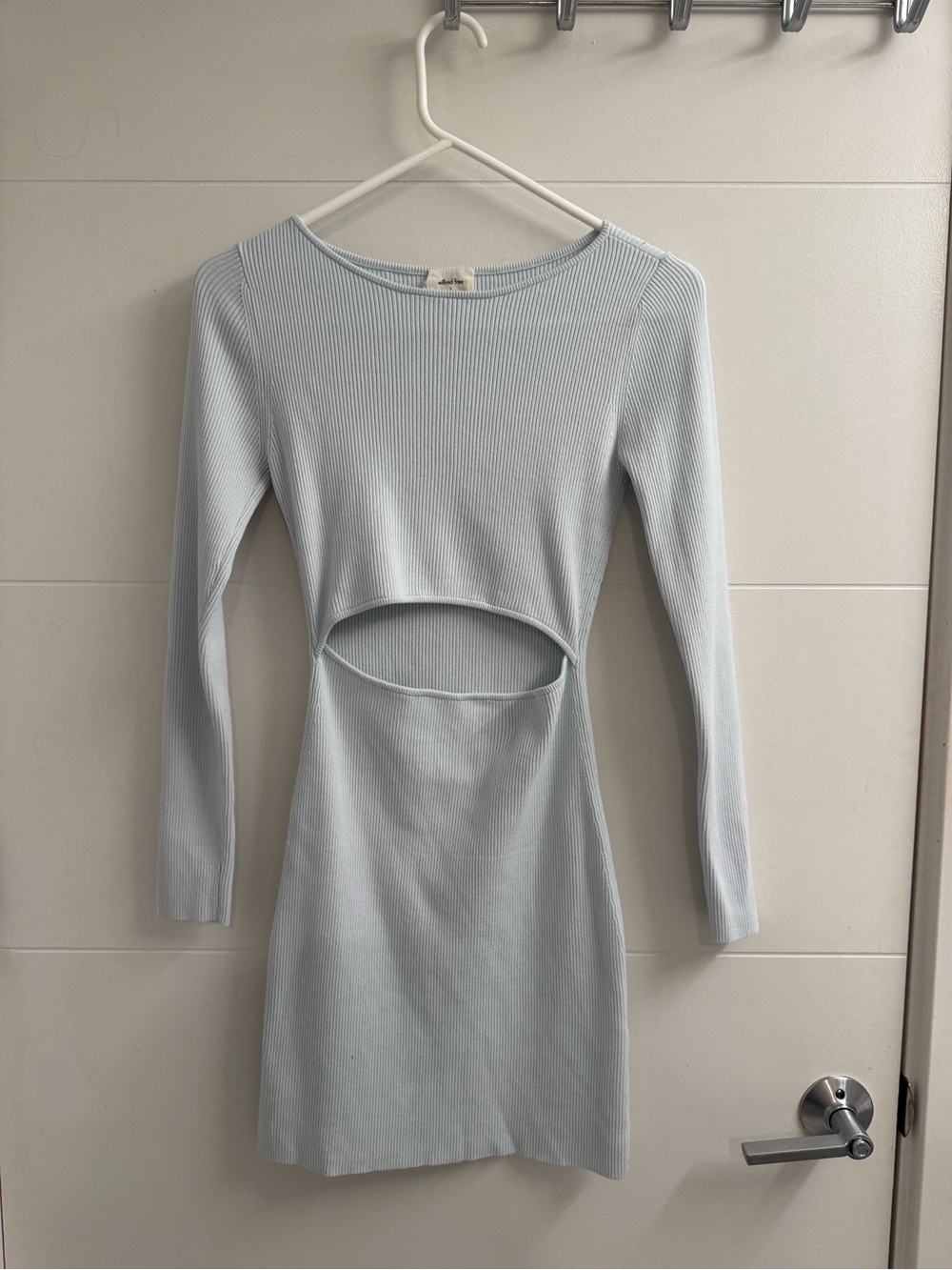 Aritzia Wilfred Free Light Blue Ribbed Long-Sleeve Cutout Mini Dress